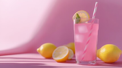 Fototapeta premium Refreshing Pink Lemonade with Ice Cubes and Lemon Slices in a Glass with a Pink Striped Straw - The Ultimate Summertime Beverage on a Pink Background