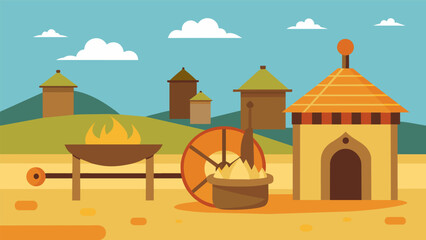 The steady hum of a horsedrawn mill could be heard in a remote village in India where ancient techniques were still used to extract oil from sesame. Vector illustration