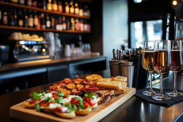 Fototapeta premium tapas on the plate and wine glasses in spanish bar