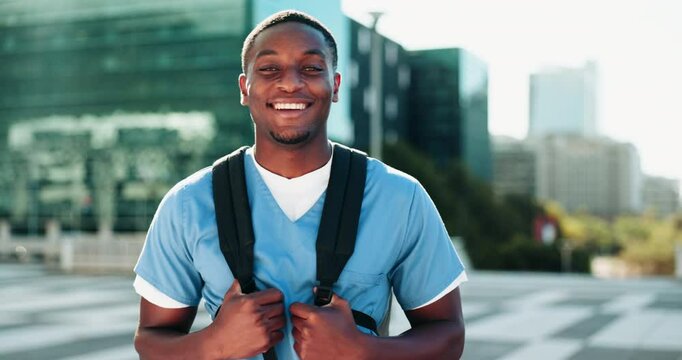 Smile, face and medical student or black man in city future, healthcare and opportunity. Doctor program, nursing internship and happy with person outdoors for residency training and medicine