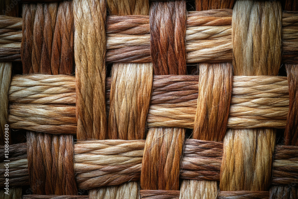 Poster Intricate woven texture of natural fibers, showcasing a complex pattern of interwoven strands in shades of brown and beige.