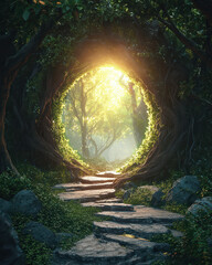Gateway to Enchantment: A mystical stone path leads towards a luminous portal, framed by intertwined trees and lush foliage, inviting exploration and evoking a sense of wonder.