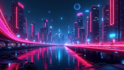 Obraz premium Ultra-modern style background, Neon-lit ultra-modern city with holograms floating orbs geometric designs glowing bridges and saturated futuristic photo