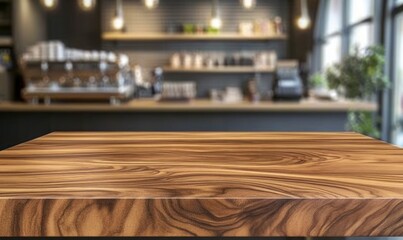 Wooden Tabletop in Cafe Background for Product Mockup or Food Display