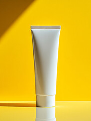 White cosmetic tube on a vibrant yellow background.