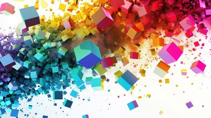 Abstract chaotic and energetic of mixed dust explode with square object, burst of broken colorful cube pattern scattering. Dynamic movement of vivid blocks convey sense of power and creativity. AIG53.