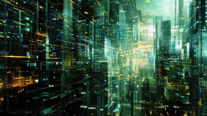 Fototapeta premium Abstract picture with digital style scenery, high tech building scatter around glow fantasy neon light. Cyberspace scene with technology design construction perfect for futuristic style design. AIG53.