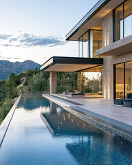Modern Villa with Pool: An architectural masterpiece, showcasing a sleek, modern villa with a stunning infinity pool overlooking breathtaking mountain views and lush landscapes.