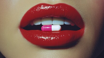 Obraz premium Glossy Red Lips Holding Red and Pink Capsule Pill
