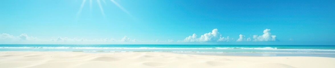 Fototapeta premium Expansive empty beach, vivid blue sky overhead Fine white sand, warm sunlight , idyllic, travel