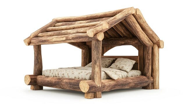 Rustic Retreat: A cozy, wooden bed with a timber frame exudes a sense of comfort and serenity, nestled within a rustic shelter, evoking the peace of nature. - Powered by Adobe