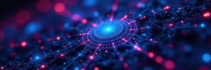 Obraz premium Gleaming quantum network nodes linked in modern data center, machine learning, research