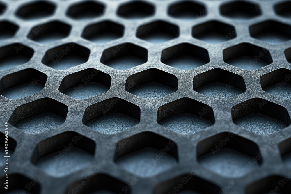 Poster Close-up of a dark metallic honeycomb pattern, showcasing intricate hexagonal details and a textured surface.
