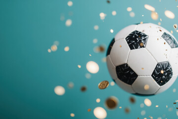 Obraz premium Soccer ball floating on turquoise background with falling golden confetti