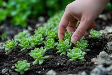 Gardener taking care of small succulent plants in the garden