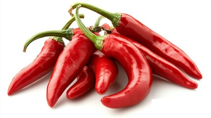 Red chili peppers on a white background, seen from above.
