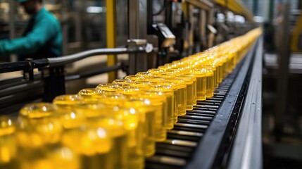 Fototapeta premium Conveyor Belt System in Factory for Packing Yellow Goods
