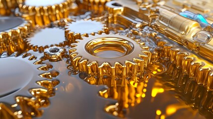 Golden Gears in Oil, Machine, Industry - Abstract textures