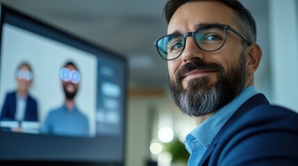 Professional Man Engaging in Virtual Meeting with Colleagues on Screen