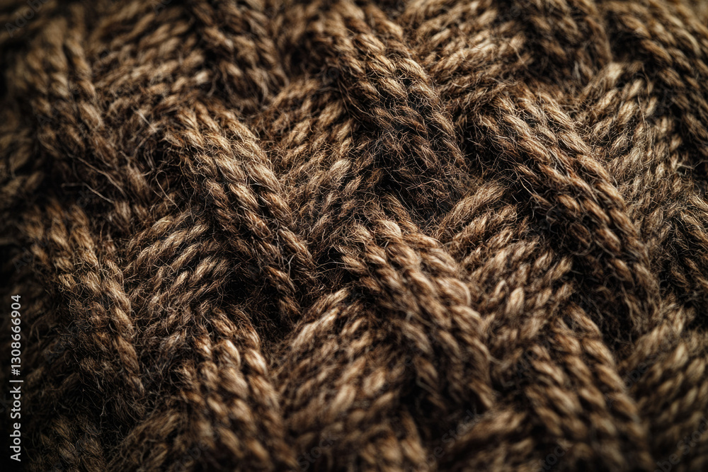 Poster close-up of dark brown woolen yarn, showing intricate texture and weave.