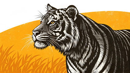 Illustration of tiger with grass against yellow background