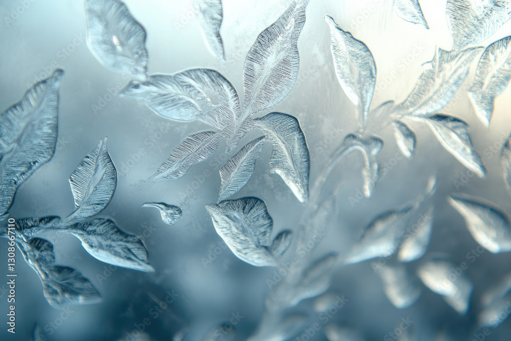 Poster intricate frost patterns resembling delicate leaves adorn a windowpane, a beautiful winter scene.