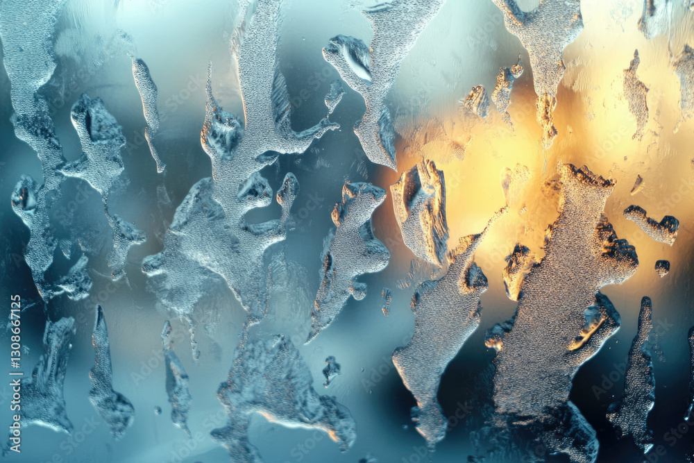 Aufkleber abstract frosty patterns on a windowpane, backlit by a warm sunset glow.