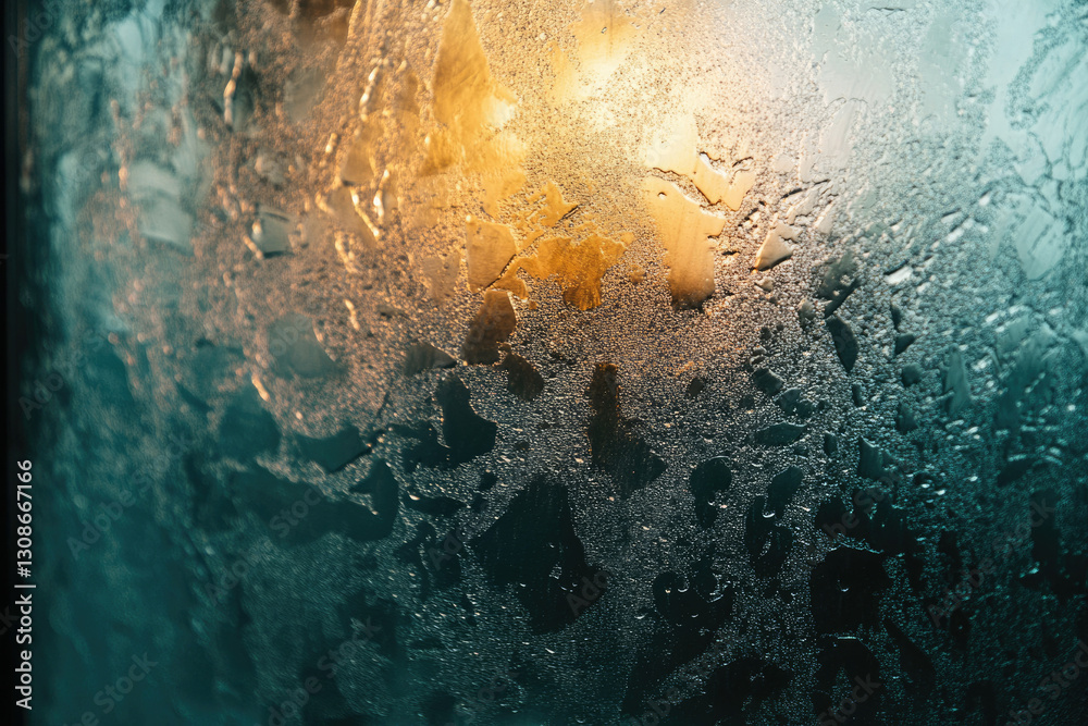 Poster a close-up shot of condensation on a windowpane, illuminated by warm, ambient light.