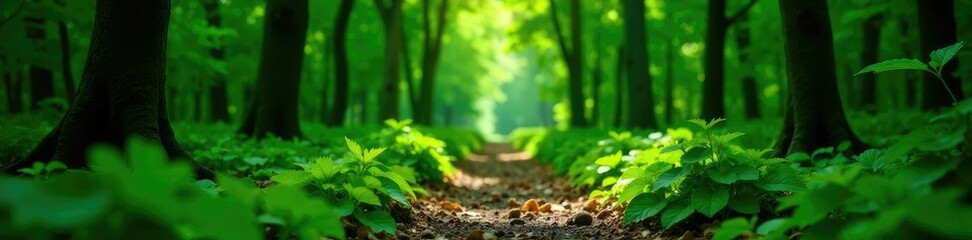Green leaves stretching along narrow forest path, leaves, outside