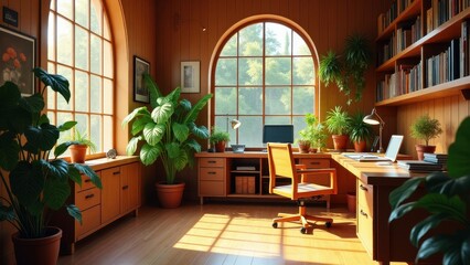 Wooden office visuals, Bright wooden office with minimalistic desk plants leather books rustic shelves warm light sunlight