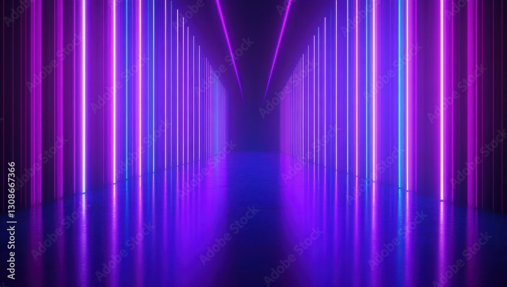Poster vibrant neon light tunnel with reflections and recessed illumination creating a dreamlike atmosphere