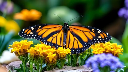 Fototapeta premium Monarch Butterfly on Yellow Flowers - Close-up macro photography