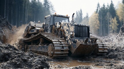 Powerful Industrial Tractor Navigating a Muddy Forest Terrain