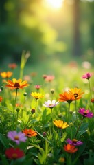 Obraz premium Vibrant wildflowers in lush meadow, sunlight dappled , wild, colorful, vibrant