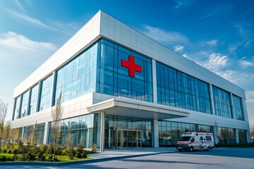 Ambulance waiting outside a modern hospital building on a sunny day