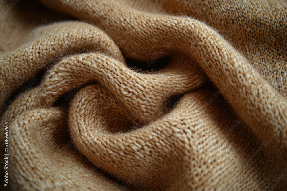 Poster close-up of soft, beige knitted fabric with a textured, swirling pattern.