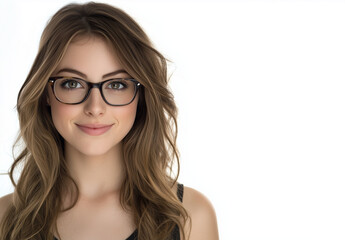 Fototapeta premium Smiling Young Woman with Glasses, Half-Body Portrait on White Background, Studio LightingKeywords: