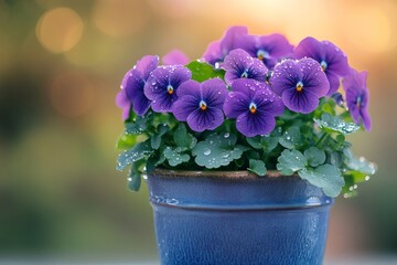 Purple pansies blooming in blue pot with water drops