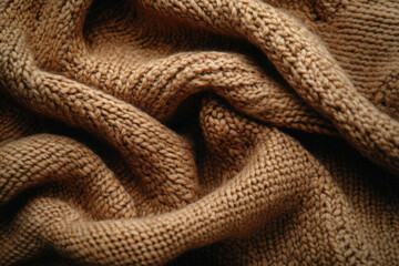 Fototapeta premium Close-up of a textured, brown knit fabric, showcasing its intricate weave and soft folds.