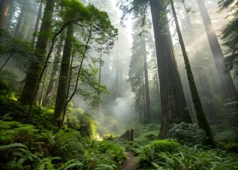 Obraz premium Misty Forest Pathway with Sunlight Filtering Through Trees