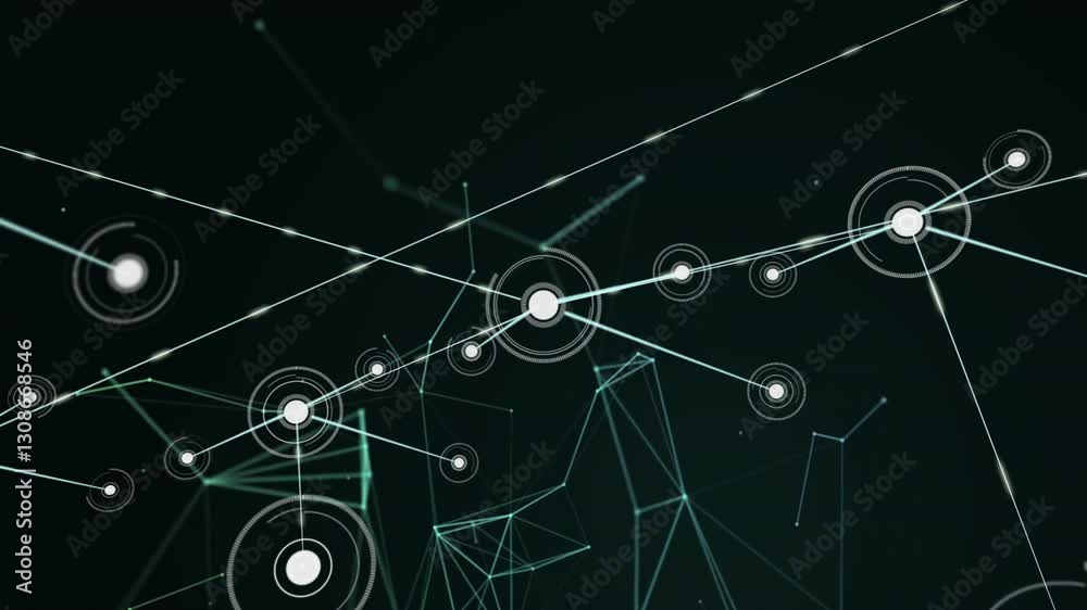 Poster animation of geometric patterns with interconnected nodes and lines on dark background