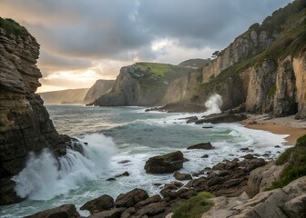 Coastal Landscape with Waves and Cliffs at Sunset