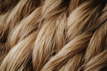 Close-up of a light brown braided hair, showcasing its texture and shine.