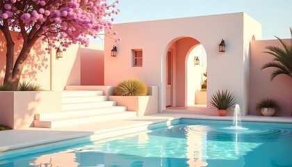 Luxury hotel swimming pool with palm trees, blue water, and tropical vibes, perfect for a relaxing summer vacation by the sea