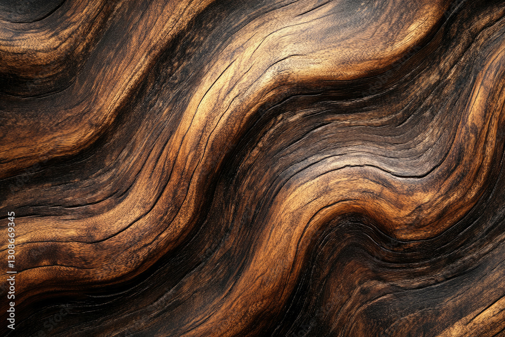 Poster dark brown wood texture with wavy grain patterns, rich in detail and depth.