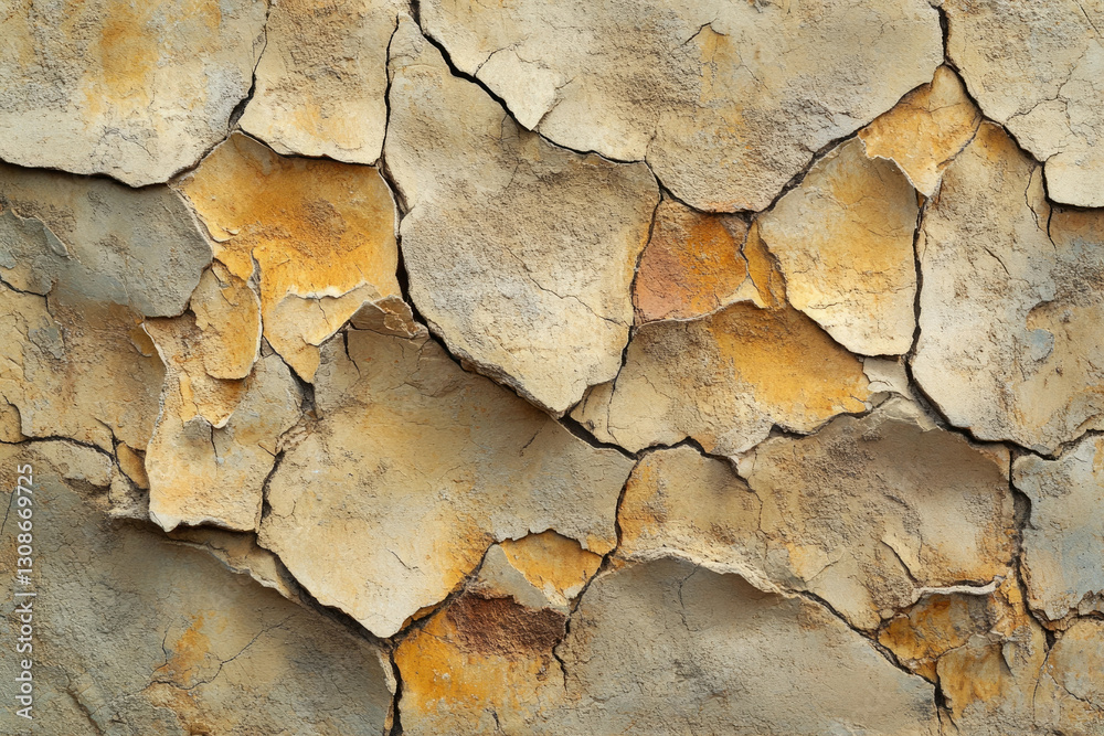 Poster cracked and weathered surface, showing texture and color variations in beige, grey and orange tones.