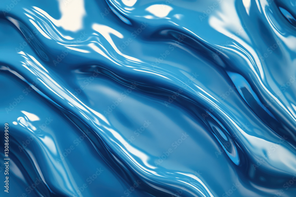 Poster abstract image of flowing, glossy, vibrant blue liquid, creating smooth, wavy patterns.