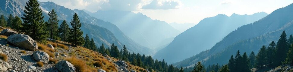 Obraz premium Pine trees scattered across rocky mountainous terrain under strong wind, trees, rugged terrain, mountains