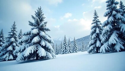 Naklejka premium Pine trees covered in heavy blanket of snow, branches stretching towards sky, snow, winter wonderland