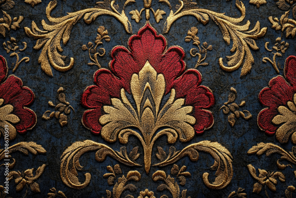 Poster intricate damask pattern with gold and red floral motifs on a dark blue background. elegant and luxu